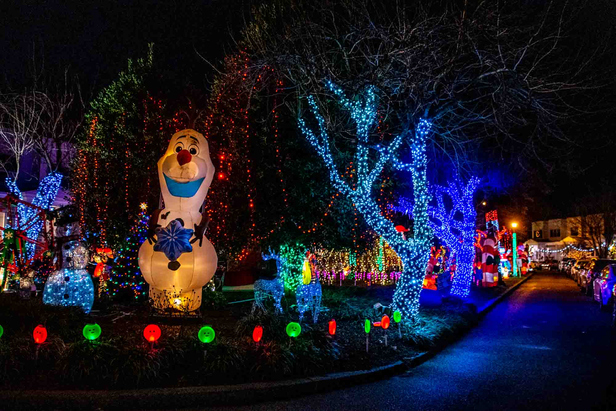 Lit up inflatable snowman beside trees covered in Christmas lights
