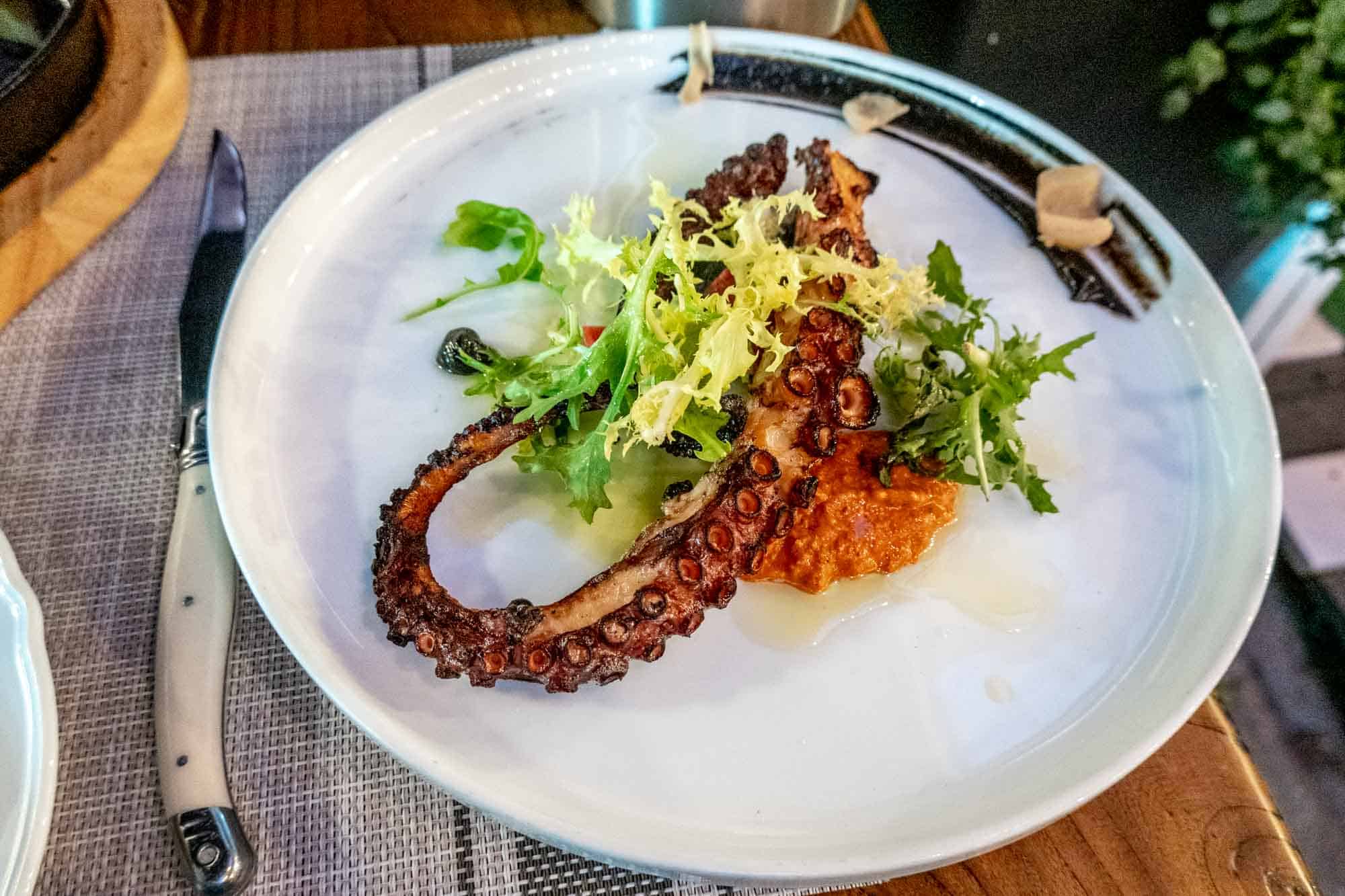 Octopus tentacle on plate with tapenade and lettuce