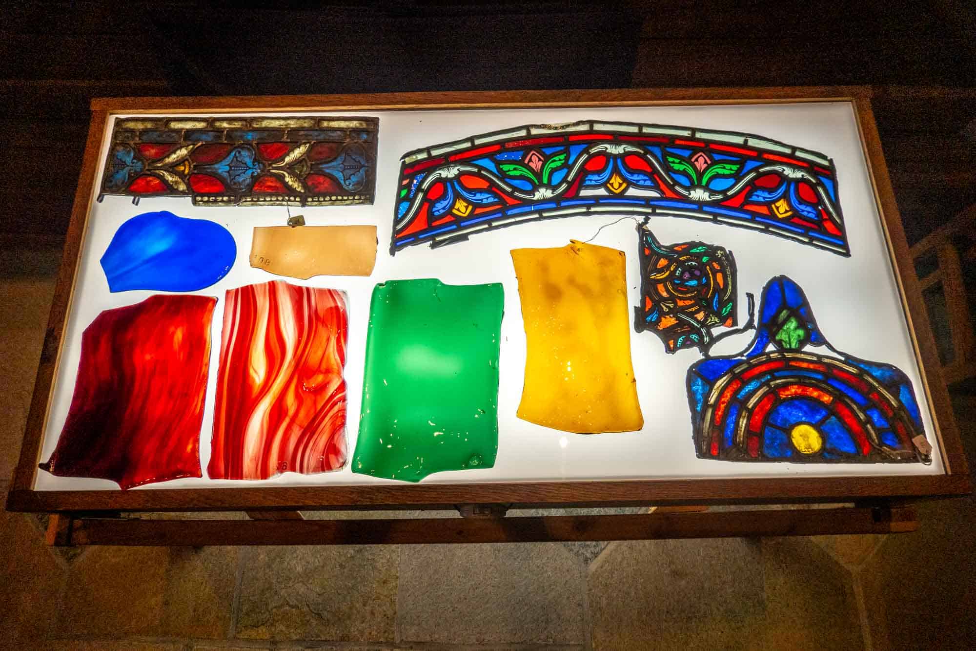 Display showing multiple colors of stained glass