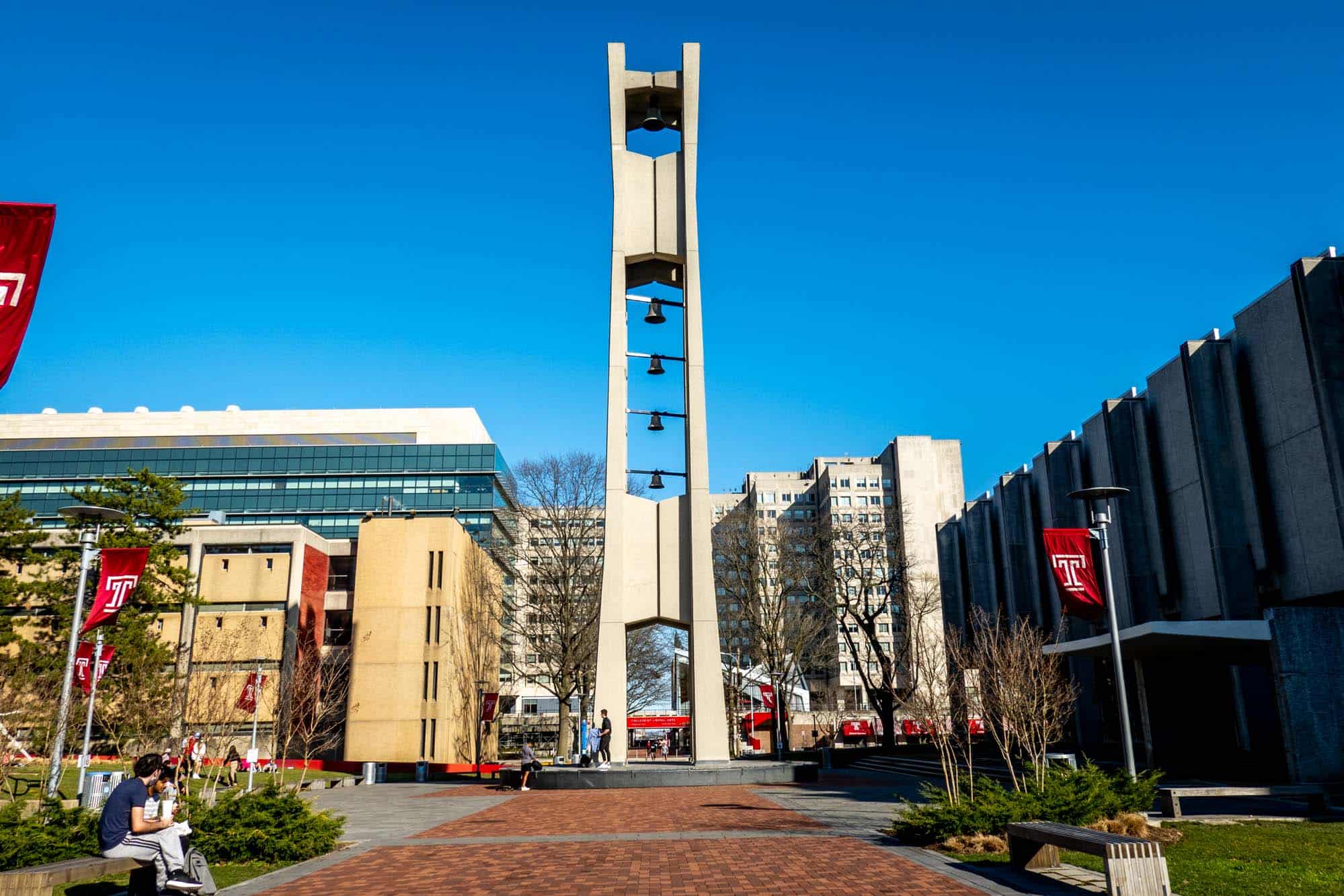 Bell tower and red  T flags