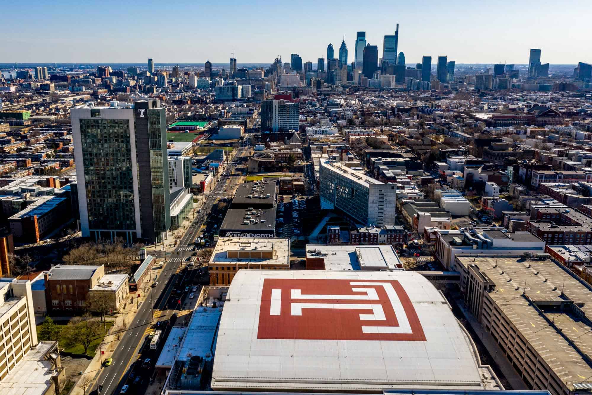 Temple campus with skyline of Philadelphia