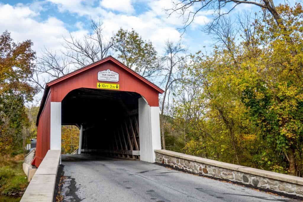 Red and white covered bridge