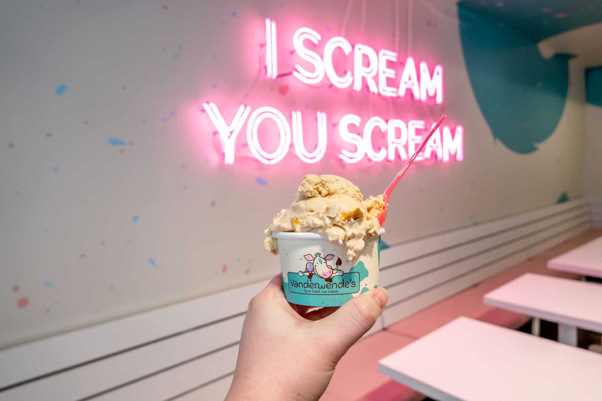 Hand holding cup of ice cream in front of a neon sign: "I Scream for Ice Cream."
