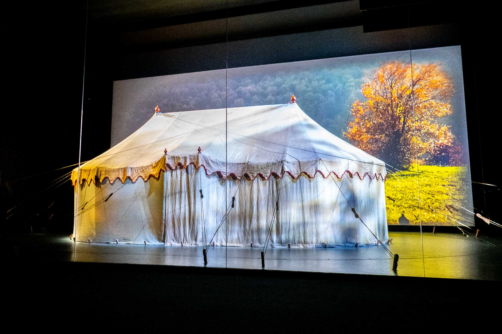 Large white fabric tent on a stage with the backdrop of a field.